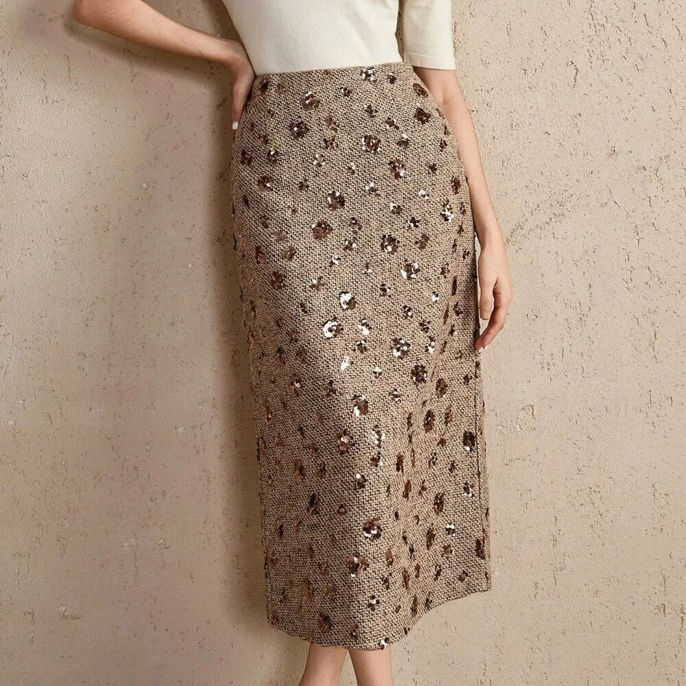 Gold Elegant Women's High Waist Floral Sequin Decor Straight Loose Skirt Skirts